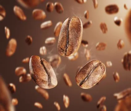 Black fried coffee beans with smoke falling down, 3d rendering Stock Illustration