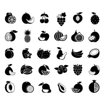 Black Fruit Icon Set. Vector Icons of Apple, Pear, Kiwi, Watermelon, Orange.. Stock Illustration