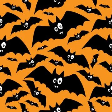Black funny bats pattern on orange background in doodle style Stock Illustration