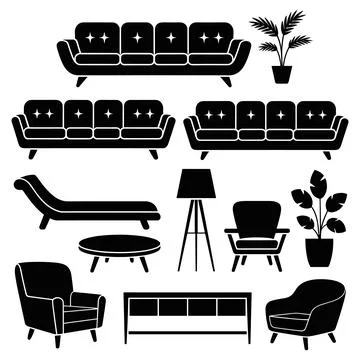 Black Furniture Set Including Sofas Chairs and Table Stock Illustration