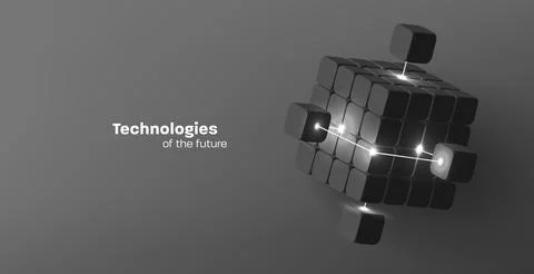 Black futuristic cube structured of smaller cubes with glowing light rays, 3d Stock Illustration