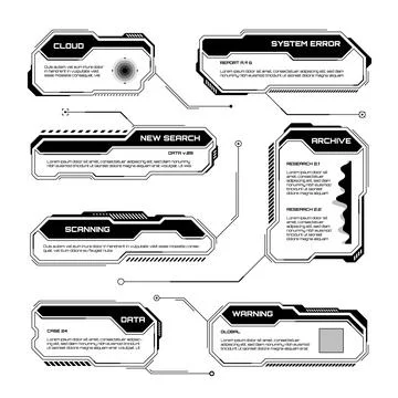 Black futuristic HUD, UI elements. Sci-fi user interface text boxes, callouts 스톡 일러스트