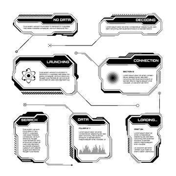 Black futuristic HUD, UI elements. Sci-fi user interface text boxes, callouts Stock Illustration