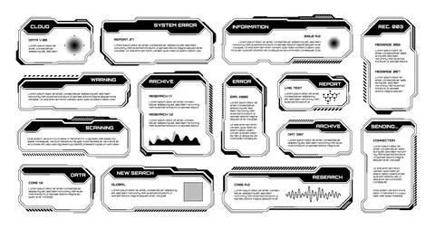 Black futuristic HUD, UI elements. Sci-fi user interface text boxes, callouts Stock Illustration