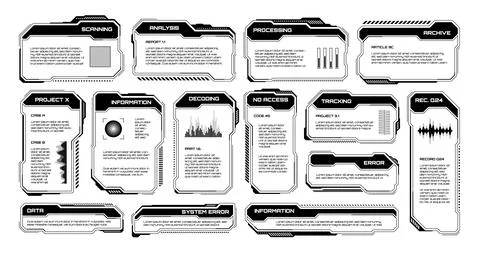 Black futuristic HUD, UI elements. Sci-fi user interface text boxes, callouts 스톡 일러스트