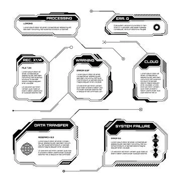 Black futuristic HUD, UI elements. Sci-fi user interface text boxes, callouts Stock Illustration