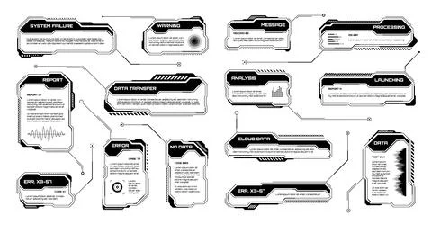 Black futuristic HUD, UI elements. Sci-fi user interface text boxes, callouts Stock Illustration