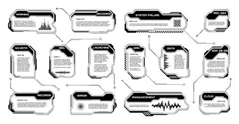 Black futuristic HUD, UI elements. Sci-fi user interface text boxes, callouts Stock Illustration