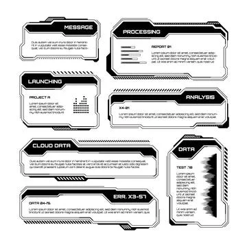 Black futuristic HUD, UI elements. Sci-fi user interface text boxes, callouts イラスト素材