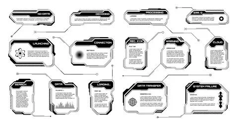 Black futuristic HUD, UI elements. Sci-fi user interface text boxes, callouts Stock Illustration