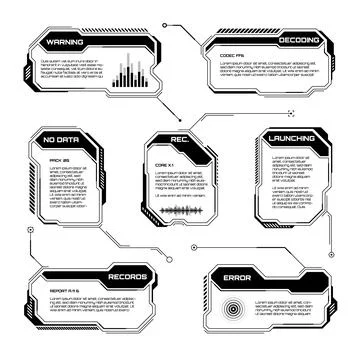 Black futuristic HUD, UI elements. Sci-fi user interface text boxes, callouts Stock Illustration