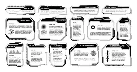 Black futuristic HUD, UI elements. Sci-fi user interface text boxes, callouts 库存插图