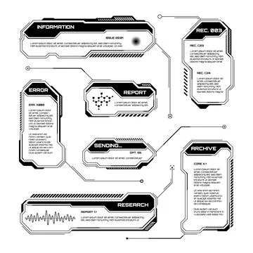 Black futuristic HUD, UI elements. Sci-fi user interface text boxes, callouts Stock Illustration