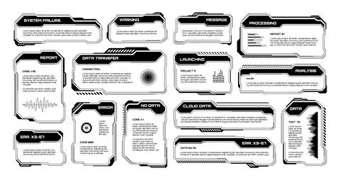 Black futuristic HUD, UI elements. Sci-fi user interface text boxes, callouts 스톡 일러스트