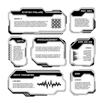 Black futuristic HUD, UI elements. Sci-fi user interface text boxes, callouts イラスト素材