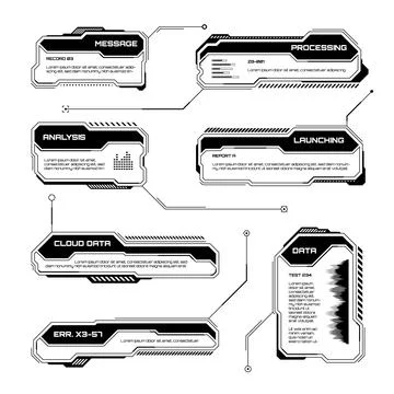 Black futuristic HUD, UI elements. Sci-fi user interface text boxes, callouts Stockillustratie