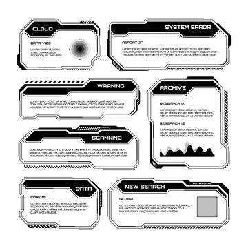 Black futuristic HUD, UI elements. Sci-fi user interface text boxes, callouts イラスト素材