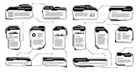 Black futuristic HUD, UI elements. Sci-fi user interface text boxes, callouts Stock Illustration