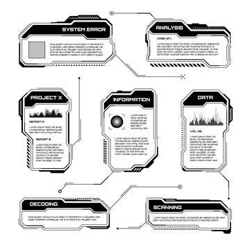 Black futuristic HUD, UI elements. Sci-fi user interface text boxes, callouts イラスト素材