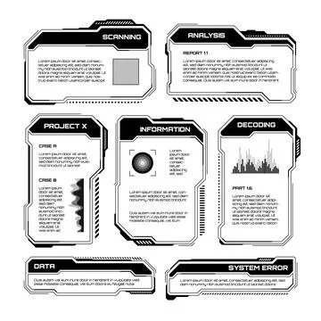 Black futuristic HUD, UI elements. Sci-fi user interface text boxes, callouts Stockillustratie