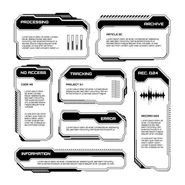 Black futuristic HUD, UI elements. Sci-fi user interface text boxes, callouts Illustrazione stock