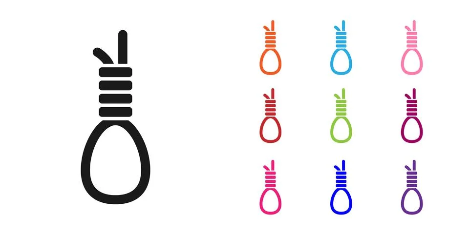 Black Gallows rope loop hanging icon isolated on white background. Rope tied Stock Illustration