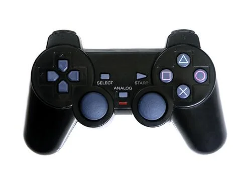 Black game controller isolated on white background  Stock Photos