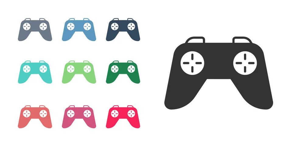Black Game controller or joystick for game console icon isolated on white Stock Illustration
