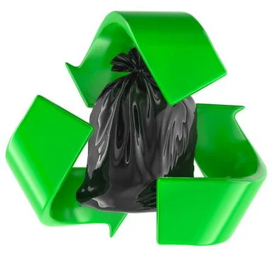 Black garbage bag inside green recycling symbol. Waste sorting and recyclin.. Stock Illustration
