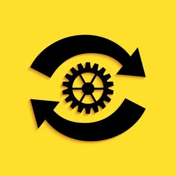 Black Gear and arrows as workflow concept icon isolated on yellow background Stockillustratie
