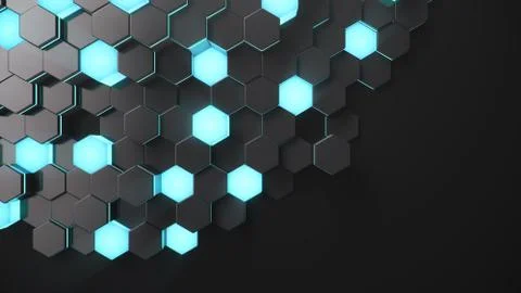 Black geometric hexagonal abstract background. Surface polygon pattern with blue イラスト素材