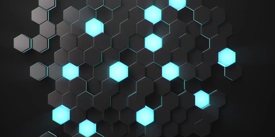 Black geometric hexagonal abstract background. Surface polygon pattern with blue 스톡 일러스트