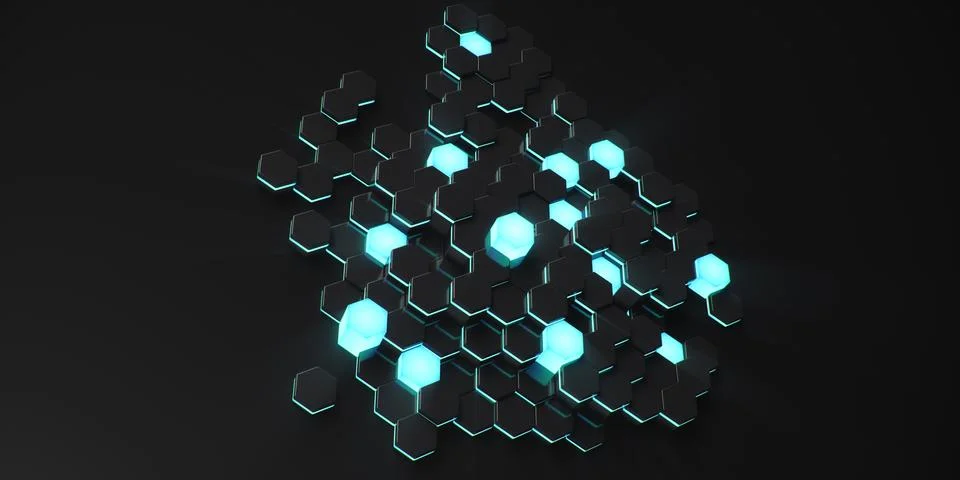 Black geometric hexagonal abstract background. Surface polygon pattern with blue Illustrazione stock