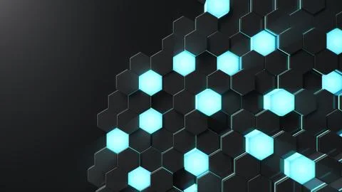 Black geometric hexagonal abstract background. Surface polygon pattern with blue Stock Illustration