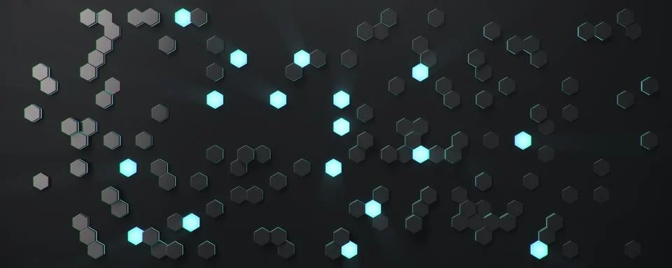 Black geometric hexagonal abstract background. Surface polygon pattern with blue Illustrazione stock