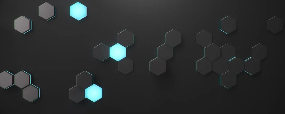 Black geometric hexagonal abstract background. Surface polygon pattern with blue Stock Illustration