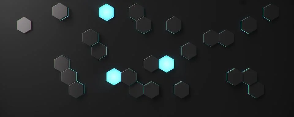 Black geometric hexagonal abstract background. Surface polygon pattern with blue Illustrazione stock