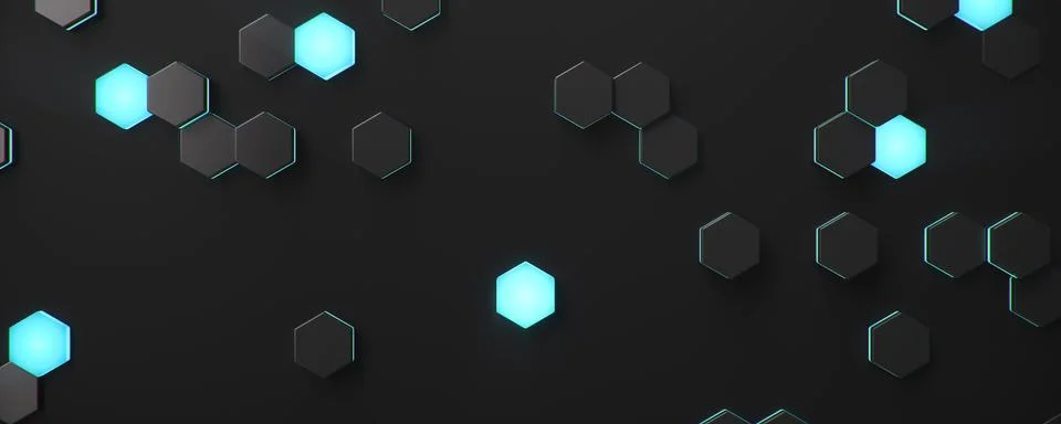 Black geometric hexagonal abstract background. Surface polygon pattern with blue Stock Illustration