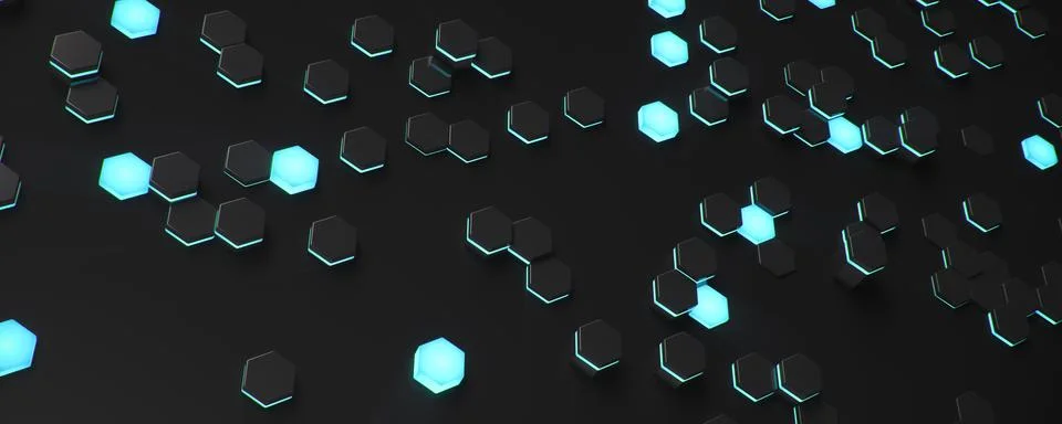 Black geometric hexagonal abstract background. Surface polygon pattern with blue Stockillustratie