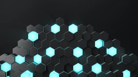 Black geometric hexagonal abstract background. Surface polygon pattern with blue イラスト素材