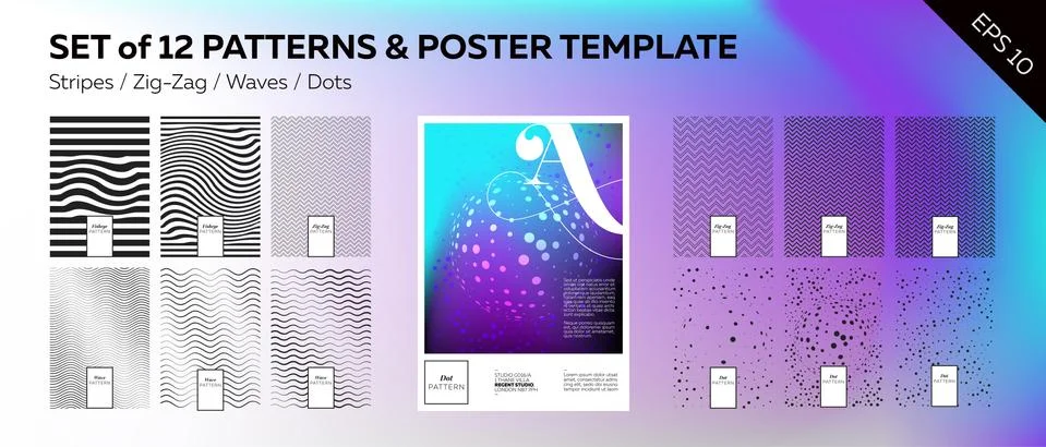 Black Geometric Vector Patterns Set. Collection of Thin Line Monochrome Tex.. Illustrazione stock