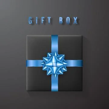 Black gift box with blue bow and ribbon top view. Element for decoration gift Stock Illustration