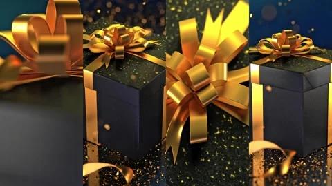 A black gift box with a gold bow on a dark surface, sprinkled with golden g.. Video stock 295032091