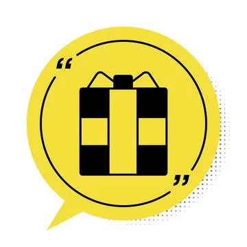 Black Gift box icon isolated on white background. Yellow speech bubble symbol Illustrazione stock