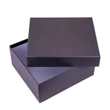 Black gift box open with white inside and isolated on white background Stock Photos