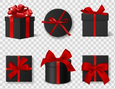 Black gift box. Realistic 3d dark cardboard round and square boxes with red silk 스톡 일러스트