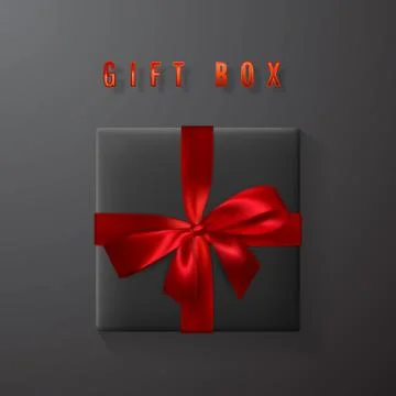 Black gift box with red bow and ribbon top view. Element for decoration gifts Illustrazione stock
