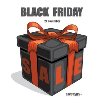 Black gift box with red ribbon and bow and Black Friday Sale text. Vector black Stock Illustration
