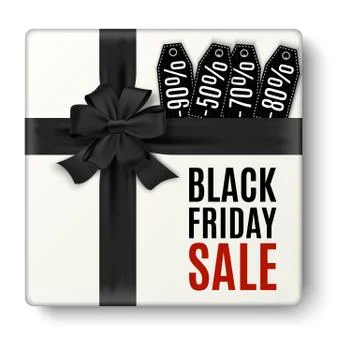 Black gift box top view with red bow a Illustrazione stock