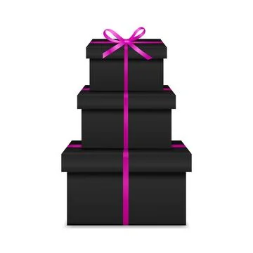 Black Gift Box Tower With Pink Ribbon. Stacked Black Present Boxes. Elegant Stock Illustration